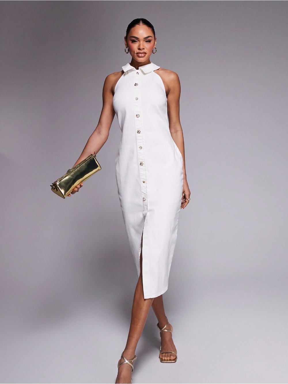 River Island Womens Halter Neck Midi Dress in White Denim Size 16 Gold Buttons